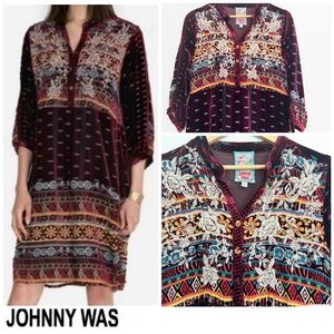 JOHNNY WAS Hania Multicolor Embroidery Burgundy Velvet Bohemian Mini Dress Sz XS